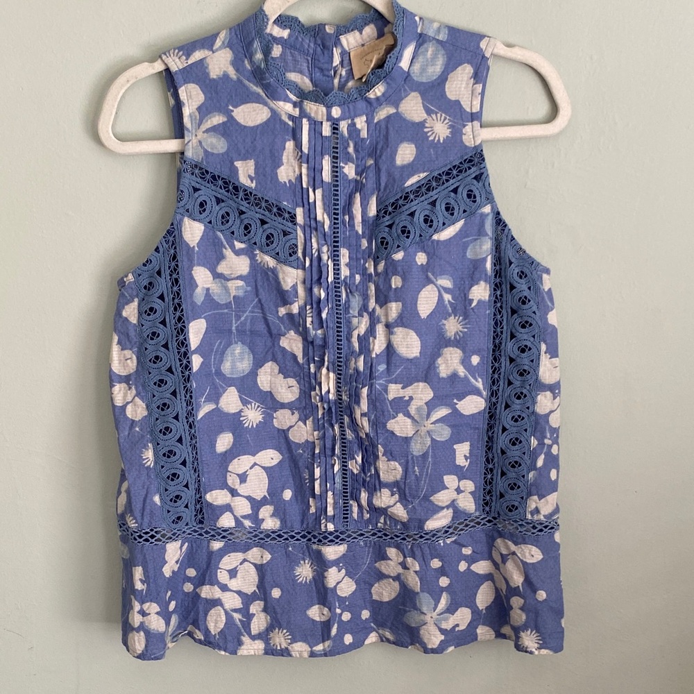 Anthropology Vanessa Virginia Blue and Cream Floral Tank Top Size 8 Size Medium